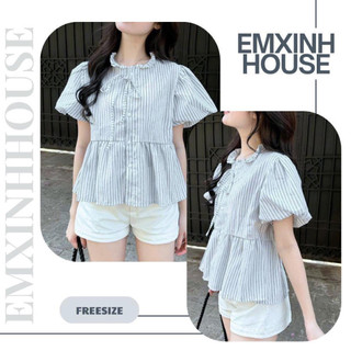 (DEAL MỞ BÁN) Áo Kiểu Nữ Sọc Nhí Cổ Bèo Thắt Nơ Tay Xòe Form Babydoll Freesize 2 Màu Thanh Lịch Dễ Phối - Áo Sơ Mi SM02