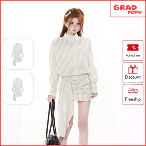 Áo sơ mi dạng váy ngắn GRADPOPU kẻ sọc có dây buộc chiết eo nhẹ tôn dáng sành điệu thanh lịch SM71