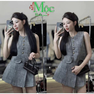 Set váy ngắn, đồ mặc hè Dạ Ánh Kim áo cộc 2 lớp nút kiểu mix chân váy xếp ly ngắn có quần
