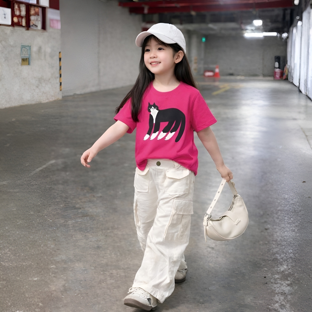 Áo Thun Trẻ Em Mirage Họa Tiết Mèo Đen 3D Hoạt Hình Dễ Thương Chất 100% Cotton Cao Cấp.