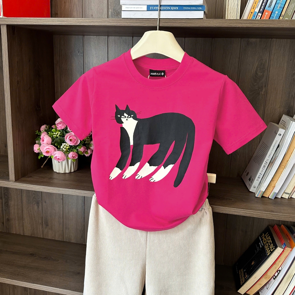 Áo Thun Trẻ Em Mirage Họa Tiết Mèo Đen 3D Hoạt Hình Dễ Thương Chất 100% Cotton Cao Cấp.