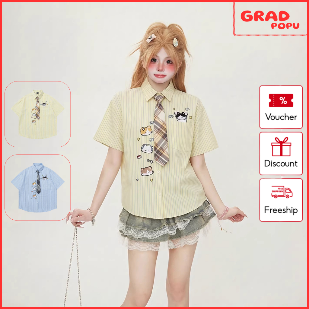 Áo sơ mi nữ GRADPOPU tay ngắn thiết kế kẻ sọc có cà vạt họa tiết mèo con đáng yêu năng động SM79
