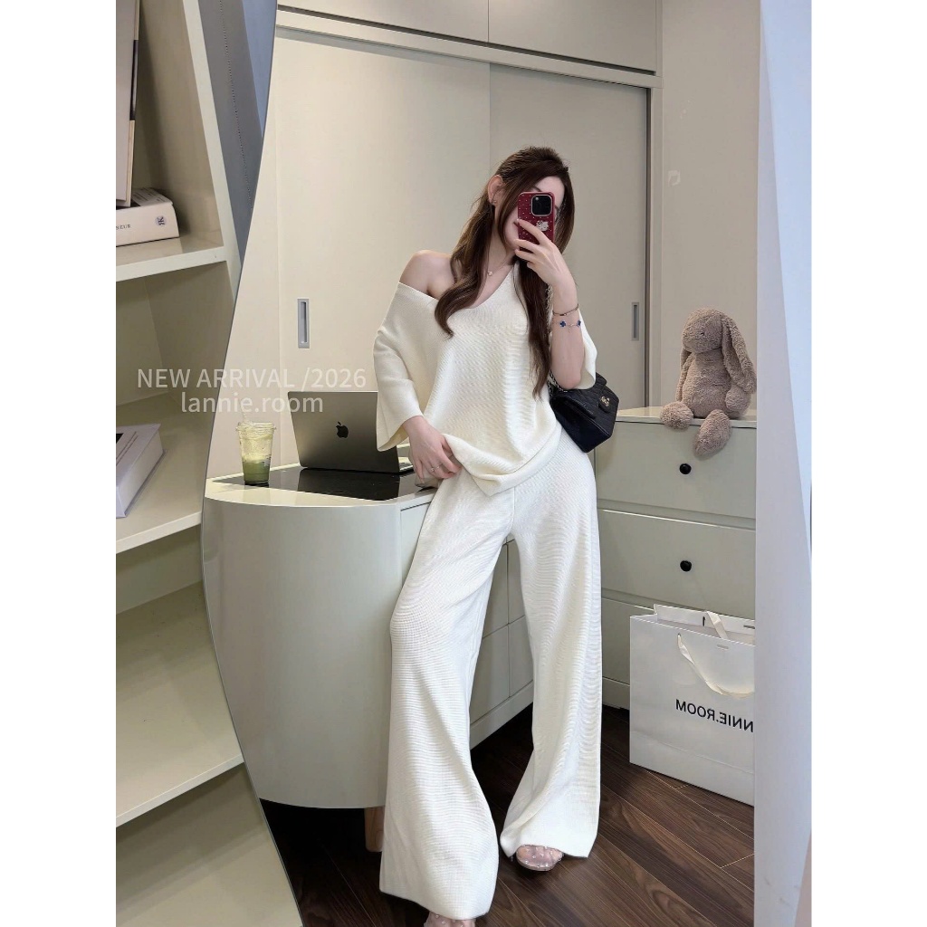ZIMM STORE-Combo áo thun gân tăm trắng và quần ống rộng cực kỳ tôn dáng