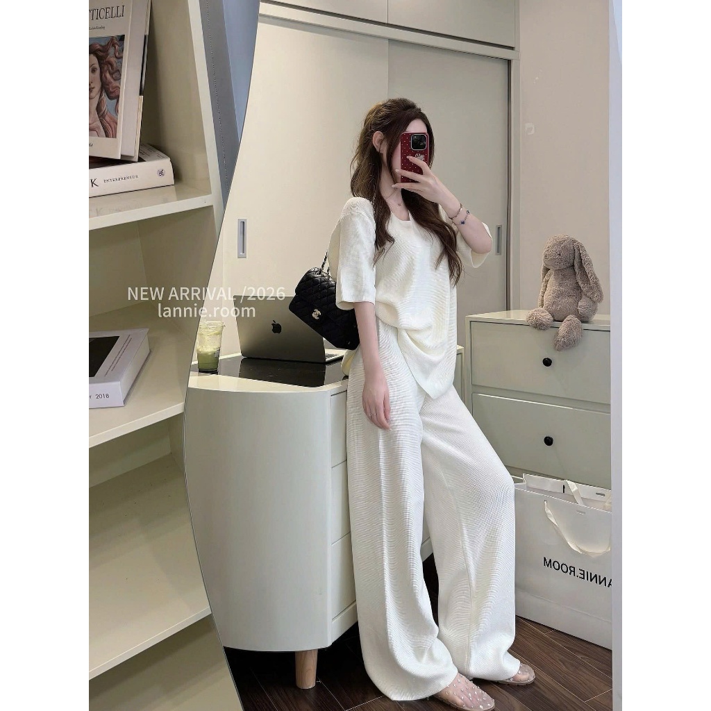 ZIMM STORE-Combo áo thun gân tăm trắng và quần ống rộng cực kỳ tôn dáng