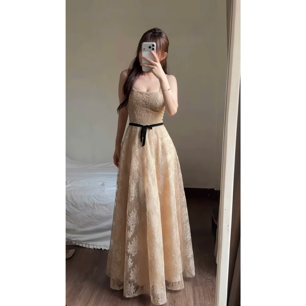 ZIMM STORE-Đầm ren dự tiệc màu be nhạt thắt eo ruy băng đen nữ tính