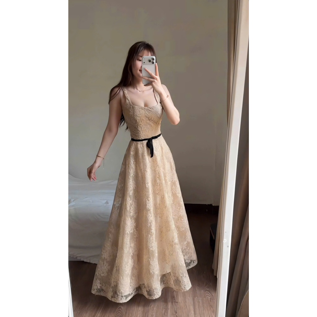 ZIMM STORE-Đầm ren dự tiệc màu be nhạt thắt eo ruy băng đen nữ tính