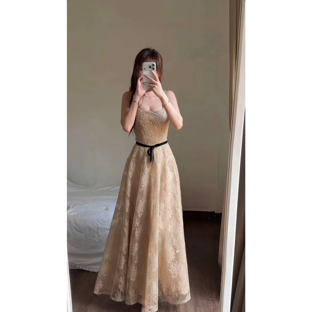 ZIMM STORE-Đầm ren dự tiệc màu be nhạt thắt eo ruy băng đen nữ tính
