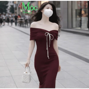 MK_ Đầm váy dài, váy đi tiệc, đầm ôm Body Chất Tăm thiết kế dáng dài kiểu trễ vai kèm hoa