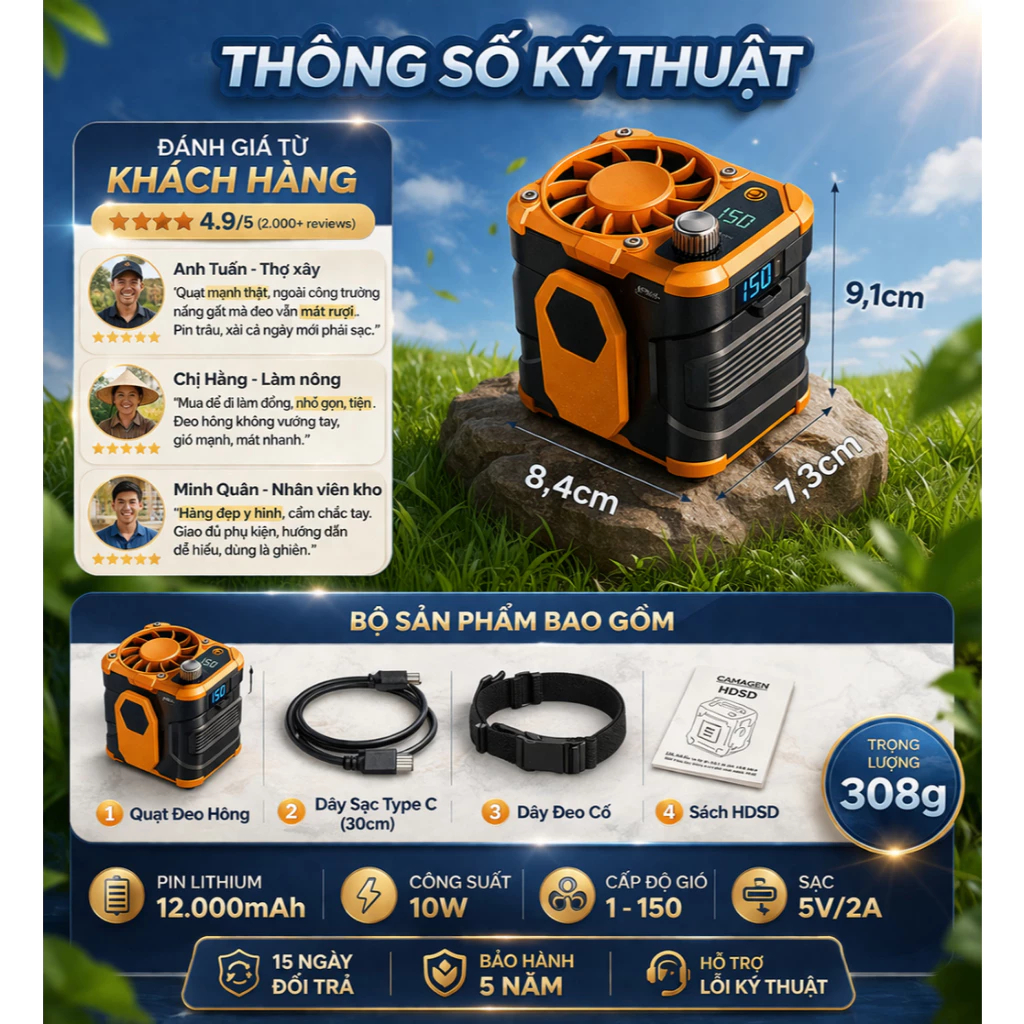 Quạt Điều Hòa Đeo Hông Z9, Quạt Đeo Thắt Lưng Pin 12.000mAh Sử Dụng 7-15h Sạc Dự Phòng, Đèn Pin