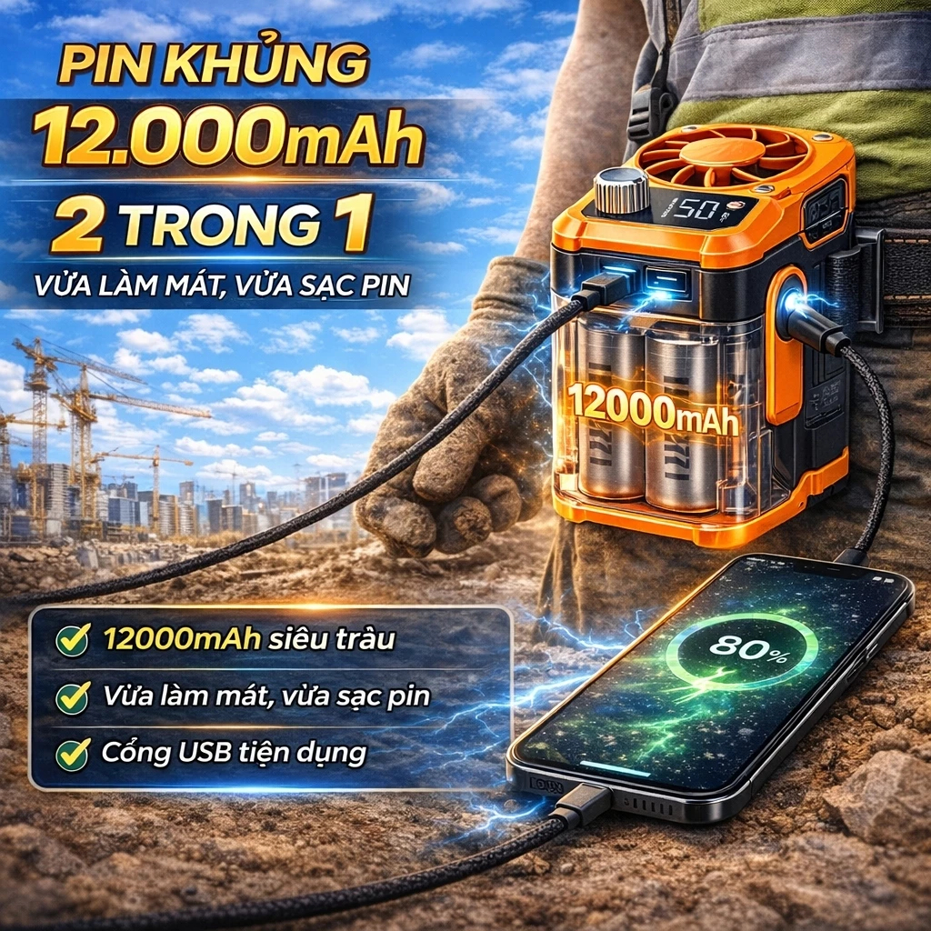 Quạt Điều Hòa Đeo Hông Z9, Quạt Đeo Thắt Lưng Pin 12.000mAh Sử Dụng 7-15h Sạc Dự Phòng, Đèn Pin