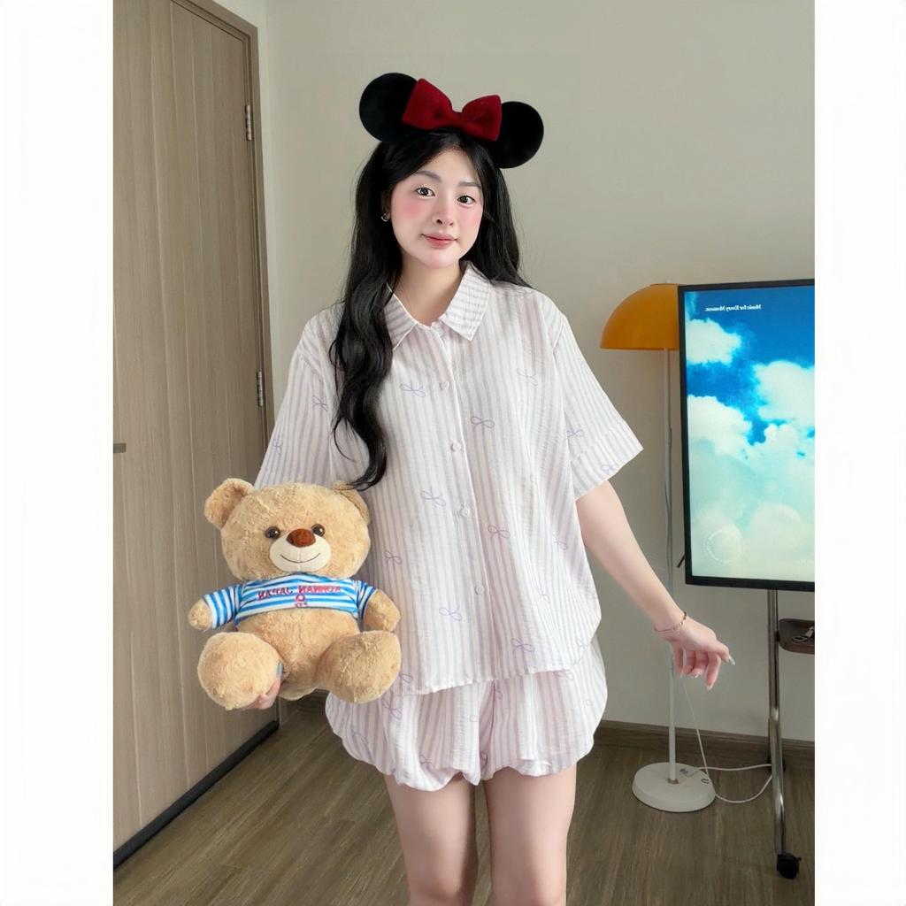 Kozoda Đồ Ngủ Cotton BN78 Họa Tiết Nơ Kẻ Sọc Quần Bí Dễ Thương Babydoll Form Rộng Ngắn Tay Size S & M Thoải Mái | BigBuy360 - bigbuy360.vn