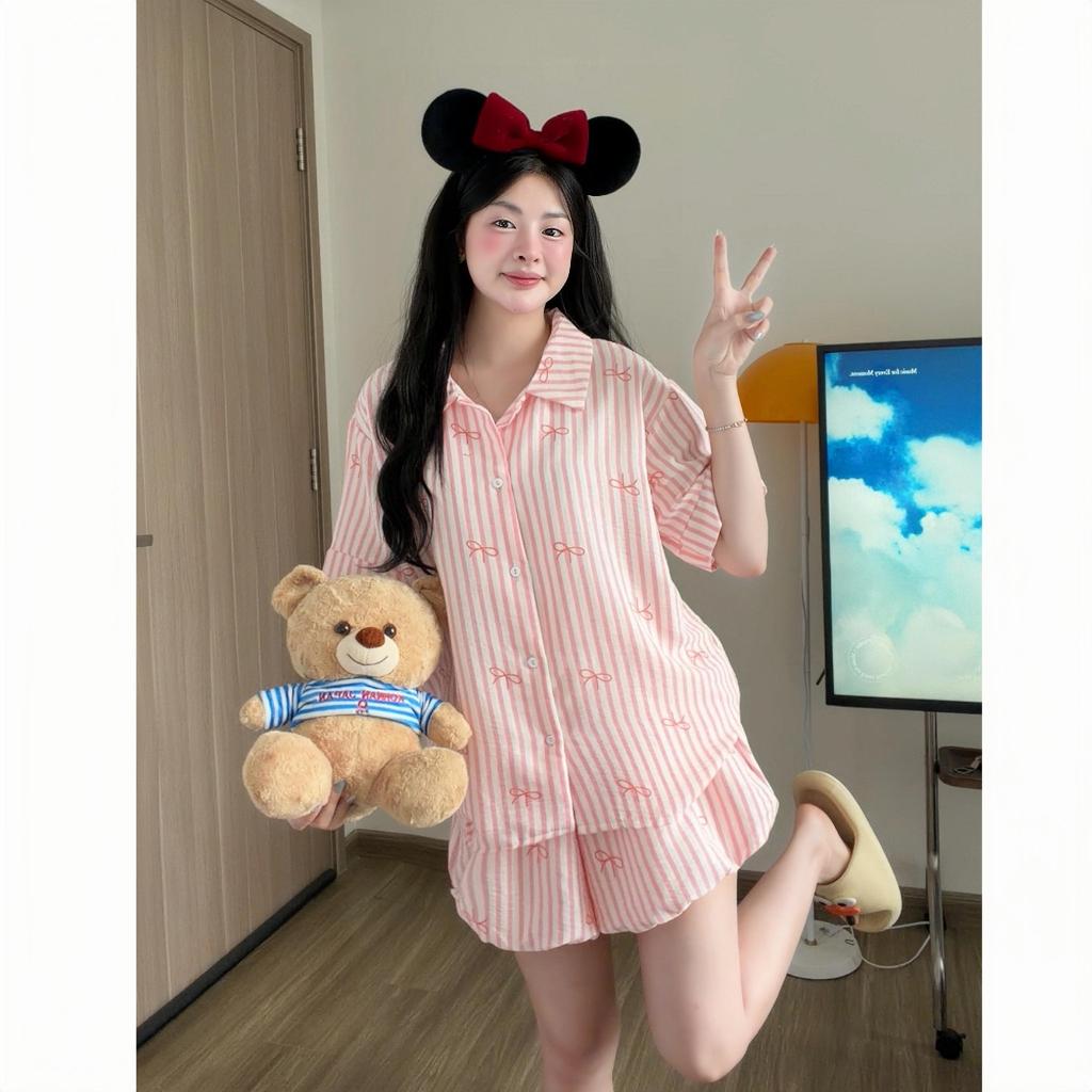 Kozoda Đồ Ngủ Cotton BN78 Họa Tiết Nơ Kẻ Sọc Quần Bí Dễ Thương Babydoll Form Rộng Ngắn Tay Size S & M Thoải Mái | BigBuy360 - bigbuy360.vn