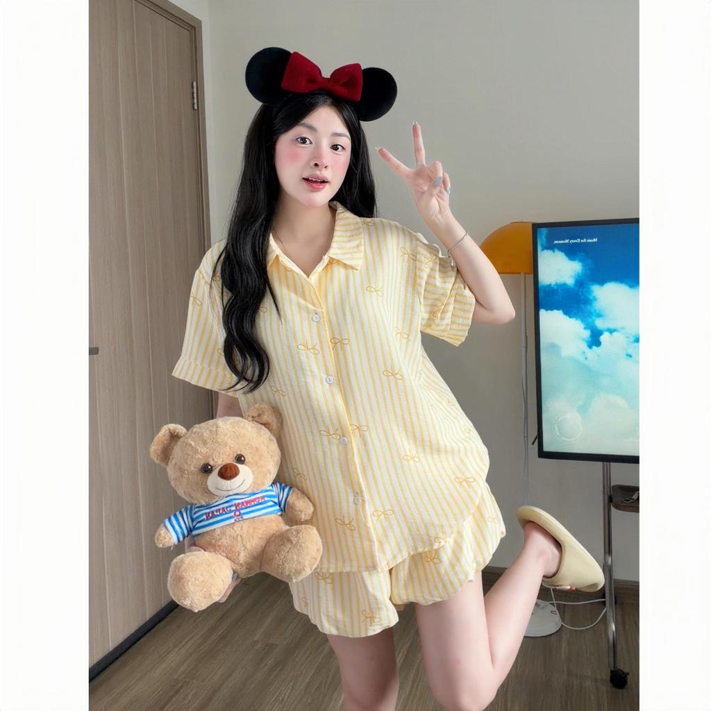 Kozoda Đồ Ngủ Cotton BN78 Họa Tiết Nơ Kẻ Sọc Quần Bí Dễ Thương Babydoll Form Rộng Ngắn Tay Size S & M Thoải Mái | BigBuy360 - bigbuy360.vn