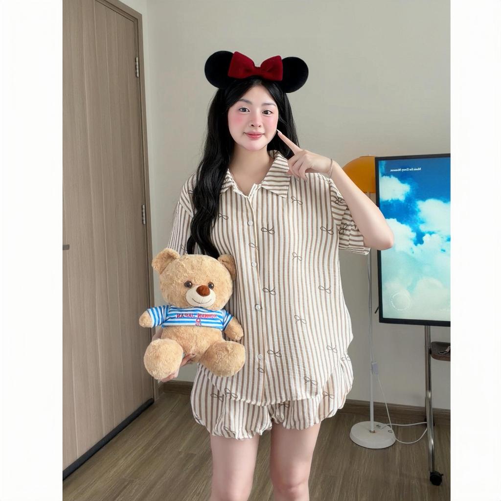 Kozoda Đồ Ngủ Cotton BN78 Họa Tiết Nơ Kẻ Sọc Quần Bí Dễ Thương Babydoll Form Rộng Ngắn Tay Size S & M Thoải Mái | BigBuy360 - bigbuy360.vn