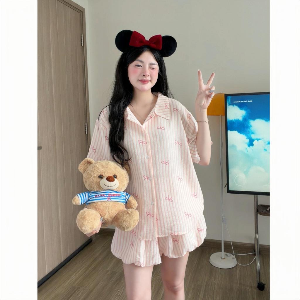 Kozoda Đồ Ngủ Cotton BN78 Họa Tiết Nơ Kẻ Sọc Quần Bí Dễ Thương Babydoll Form Rộng Ngắn Tay Size S & M Thoải Mái | BigBuy360 - bigbuy360.vn