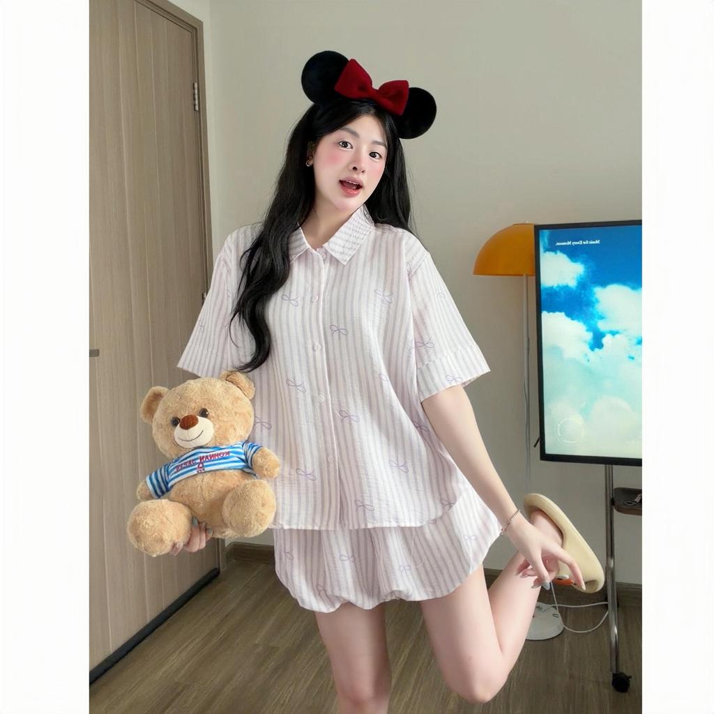 Kozoda Đồ Ngủ Cotton BN78 Họa Tiết Nơ Kẻ Sọc Quần Bí Dễ Thương Babydoll Form Rộng Ngắn Tay Size S & M Thoải Mái | BigBuy360 - bigbuy360.vn