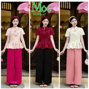 Set đồ lam, set đi chùa Gấm nút tàu đính 2 nơ chiết eo xoè phối quần dài Tuyết Nhung