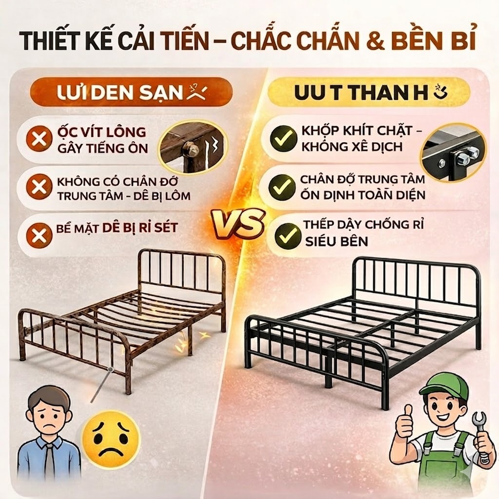 CONOCO Giường sắt khung thép hộp vuông gia cường  xà ngang bản rộng, chống rung lắc tải tĩnh 300kg