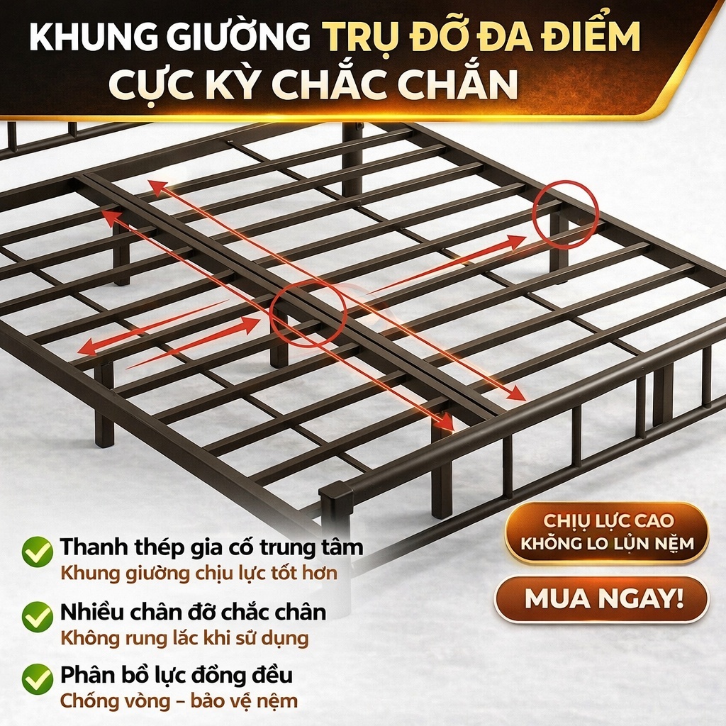CONOCO Giường sắt khung thép hộp vuông gia cường  xà ngang bản rộng, chống rung lắc tải tĩnh 300kg