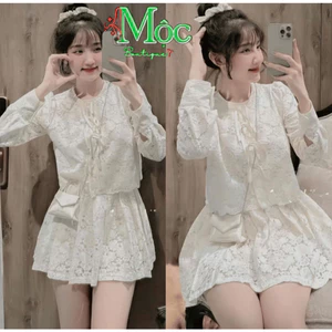 DX_Set váy ngắn, đồ mặc hè, set áo Ren cổ tròn đính nơ kèm chân váy xếp ly ngắn có lót
