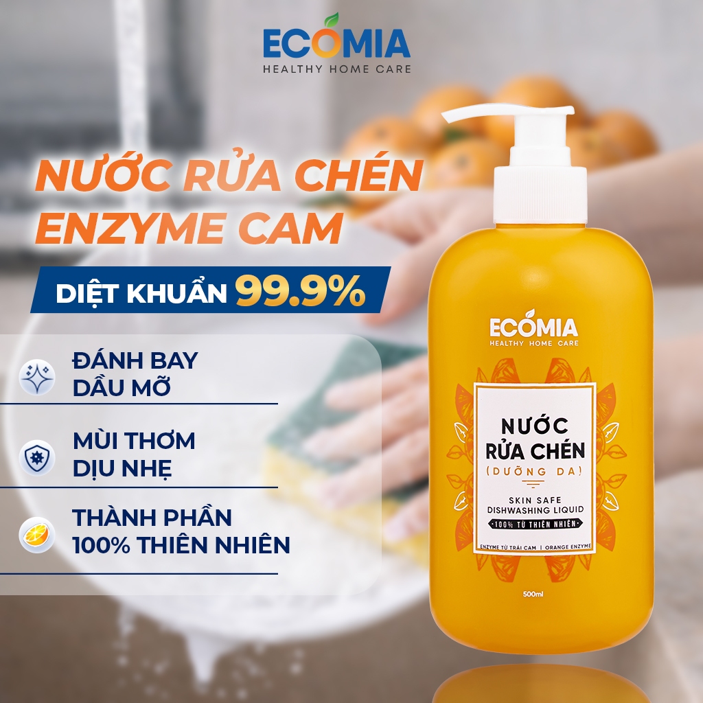 Nước Rửa Chén Sinh Học ECOMIA 500ml Sạch Nhanh, An Toàn, Công Nghệ Enzyme Từ Quả Cam