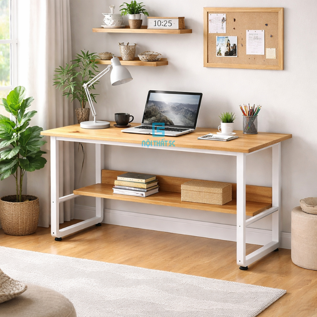 Bàn làm việc, bàn học kèm kệ lửng thiết kế chân cong mềm mại, tinh tế, Bàn làm việc mặt gỗ MDF phủ melamine cao cấp | BigBuy360 - bigbuy360.vn