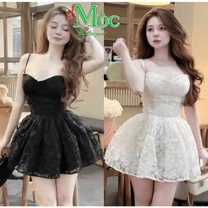 Đầm váy ngắn, váy tiểu thư, đầm Ren thêu hoa 2 lớp có mút ngực 2 dây dáng ngắn