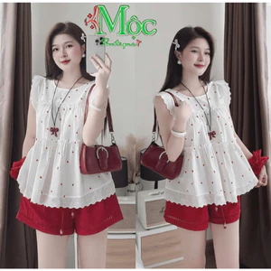 Set bộ đùi, set Quảng Châu mặc hè, áo tim đỏ full form babydoll phối Ren kèm quần short lưng cao