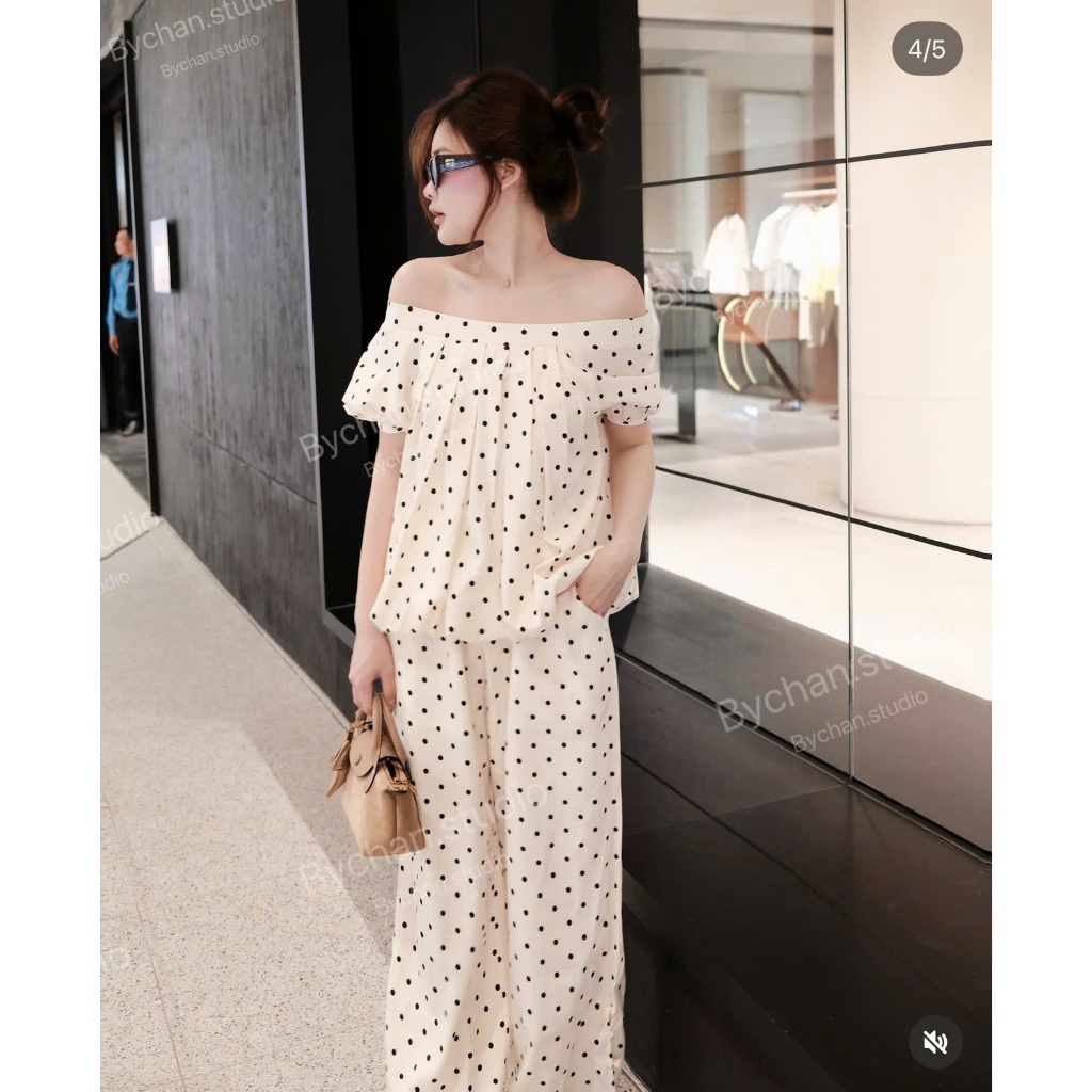 NH CLOTHER -Set bộ áo trễ vai chấm bi phối quần dài ống rộng họa tiết Polka Dot