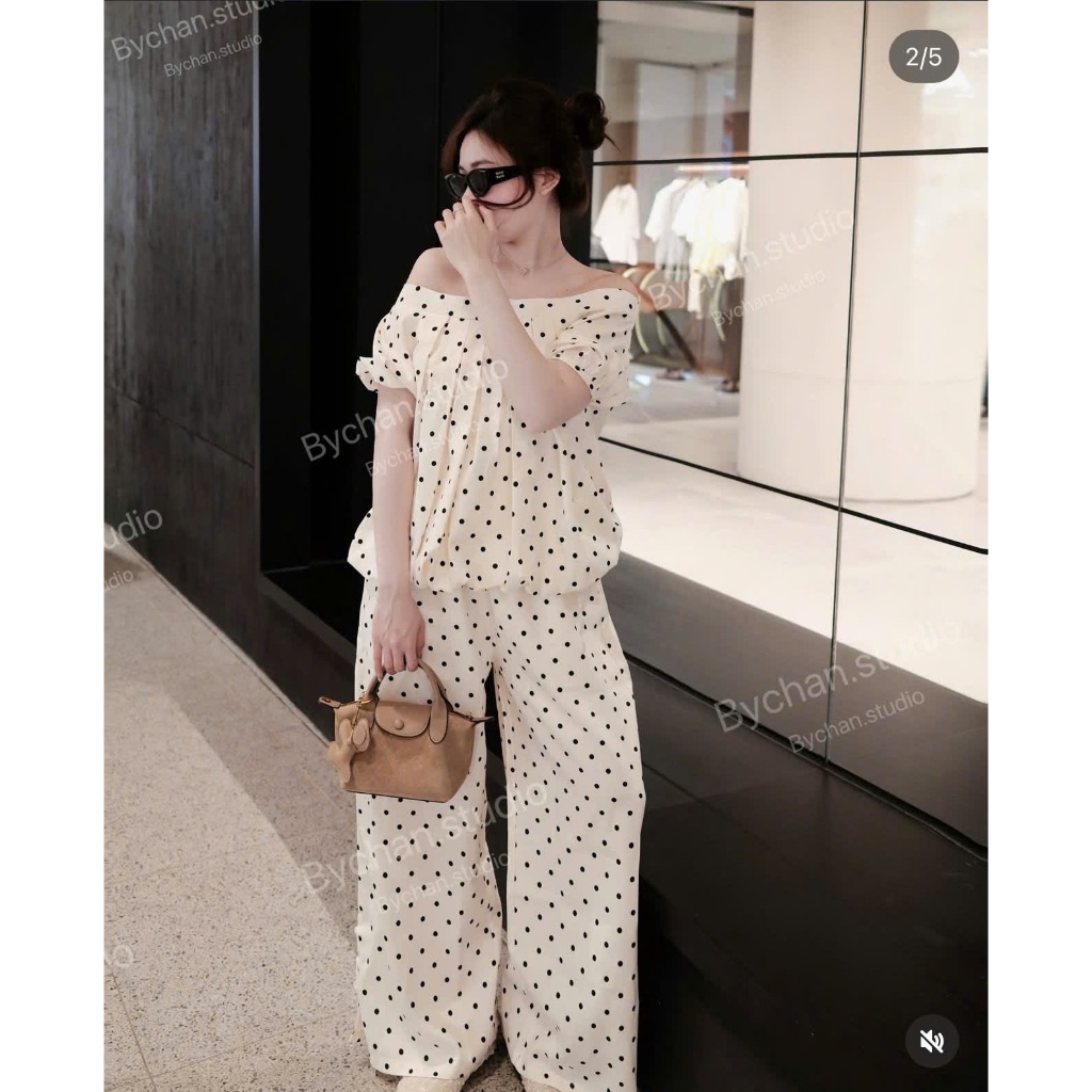 NH CLOTHER -Set bộ áo trễ vai chấm bi phối quần dài ống rộng họa tiết Polka Dot