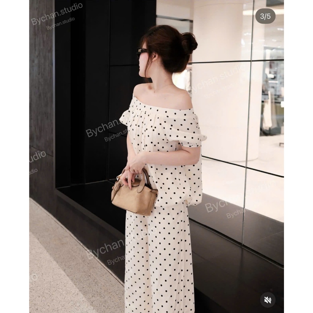 NH CLOTHER -Set bộ áo trễ vai chấm bi phối quần dài ống rộng họa tiết Polka Dot