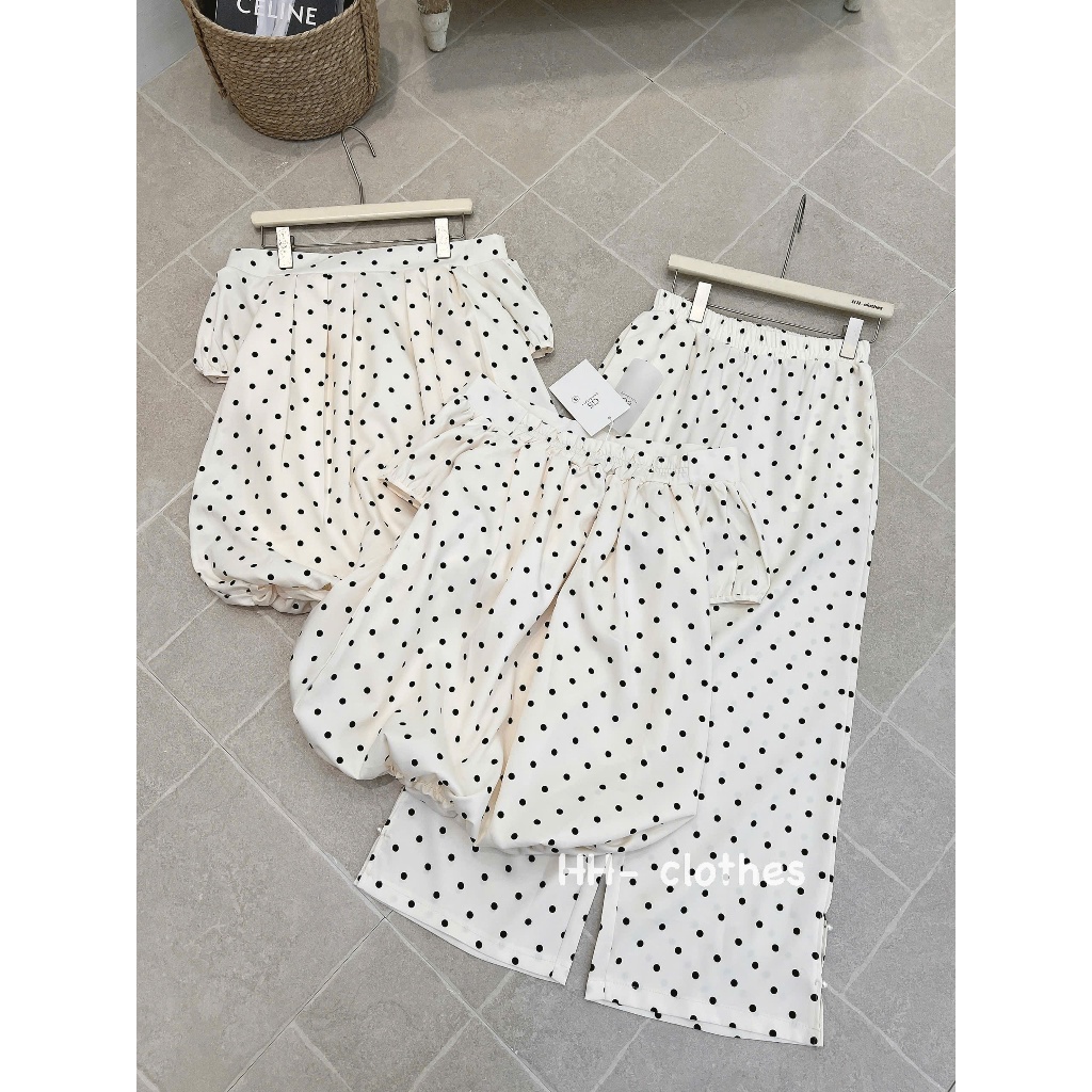 NH CLOTHER -Set bộ áo trễ vai chấm bi phối quần dài ống rộng họa tiết Polka Dot