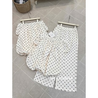 Set áo tay bồng nhún eo họa tiết chấm bi mix quần suông dài cao cấp
