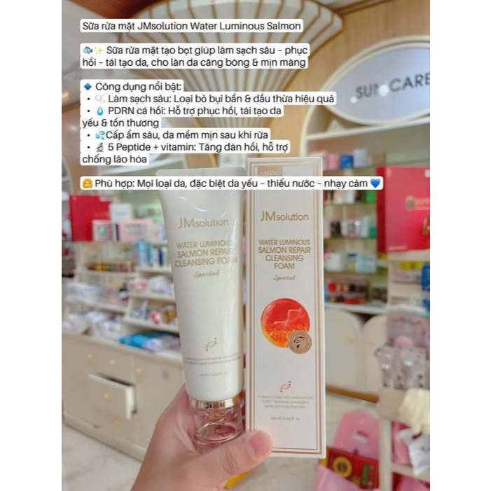 Sữa Rửa Mặt JM Solution Water Luminous Salmon Repair Cleansing Foam GC Nature Hàn Quốc, Hộp 120mL Giúp Sạch Sâu Dịu Nhẹ