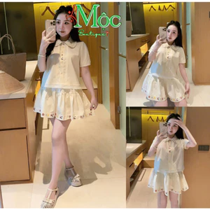 Set váy ngắn, set thiết kế chất Thô thêu hoa áo sơ mi cổ sen croptop tay ngắn phối chân váy ngắn