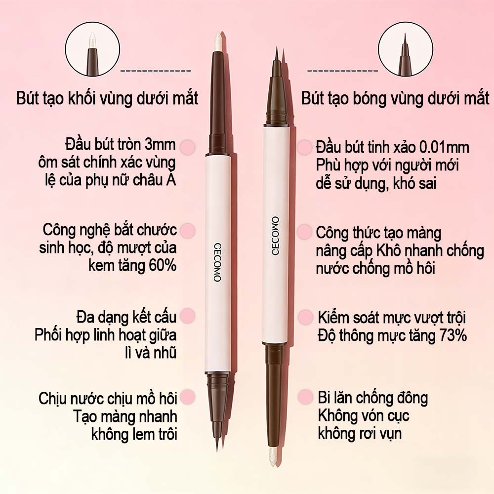 Bút kẻ bọng mắt, Bút kẻ bọng mắt 2 đầu, Vẽ nhũ bắt sáng, Mở rộng mắt, Chống nước, Siêu tự nhiên, 3 in 1