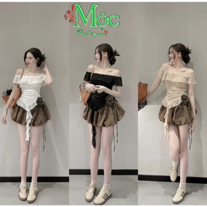 Set váy ngắn, set tiểu thư xinh đi tiệc áo Nhũ trễ vai tua rua mix chân váy Bí in nơ Bông 3 màu