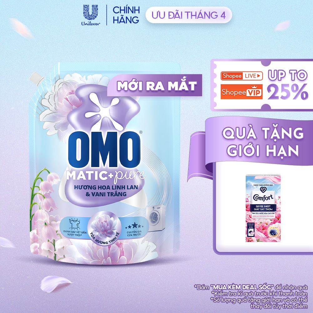 Nước giặt OMO Matic Pure Cửa Trước Hương Linh Lan & Vani Trắng 4.1KG (túi)