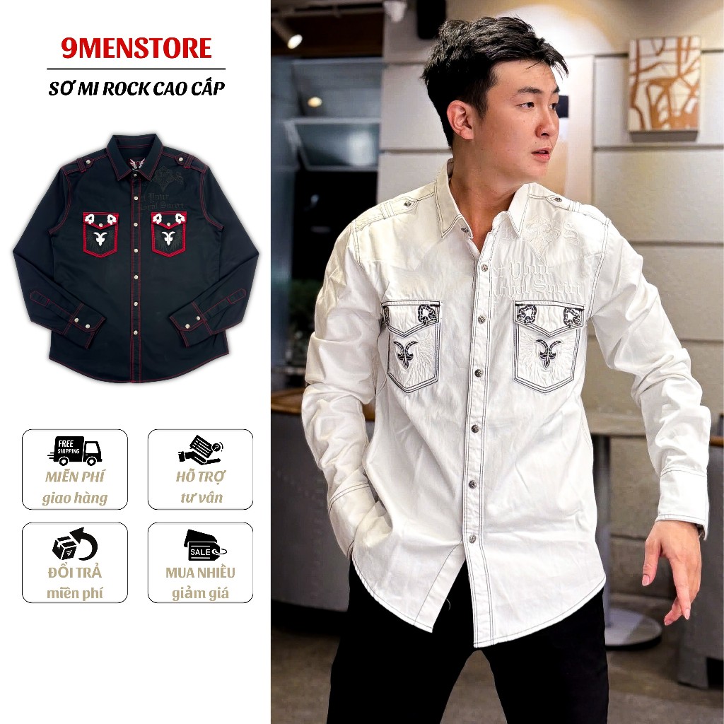 Sơ Mi Rock Classic Cao Cấp Thêu Họa Tiết Đôi Cánh Chỉ Ẩn Vải Kaki Tôn Dáng, Cúc Kim Loại Đẳng Cấp 68