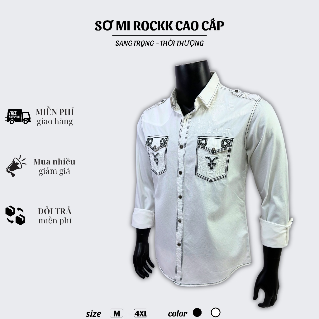 Sơ Mi Rock Classic Cao Cấp Thêu Họa Tiết Đôi Cánh Chỉ Ẩn Vải Kaki Tôn Dáng, Cúc Kim Loại Đẳng Cấp 68