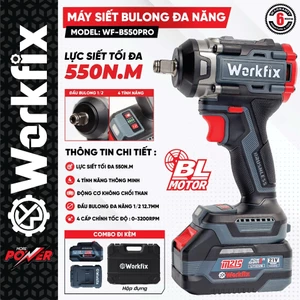 Máy siết bulong WORKFIX WF-B550PRO, Lực Siết 550N.m, 4 tốc độ, 4 tính năng - 100% Lõi đồng