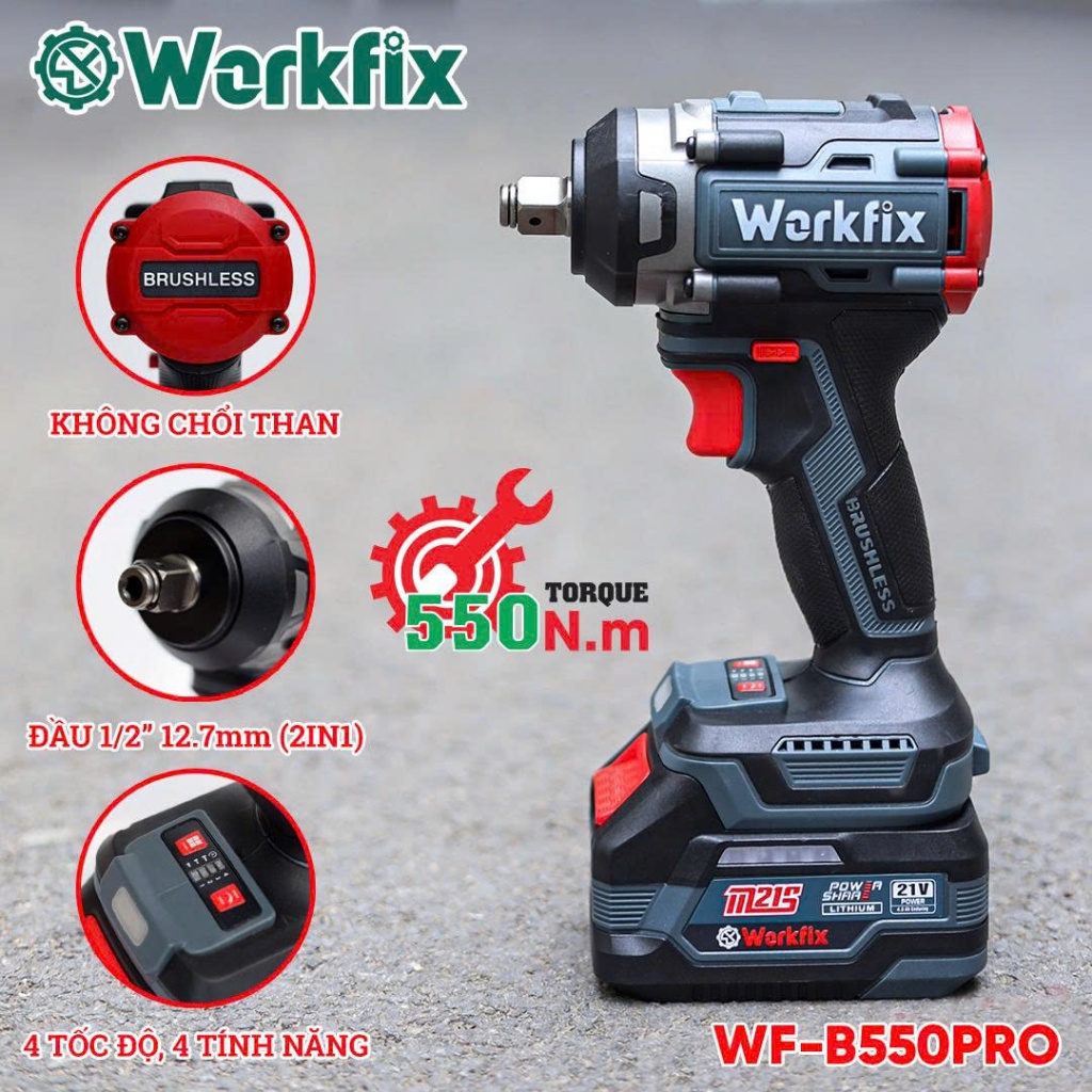 Máy siết bulong WORKFIX WF-B550PRO, Lực Siết 550N.m, 4 tốc độ, 4 tính năng - 100% Lõi đồng
