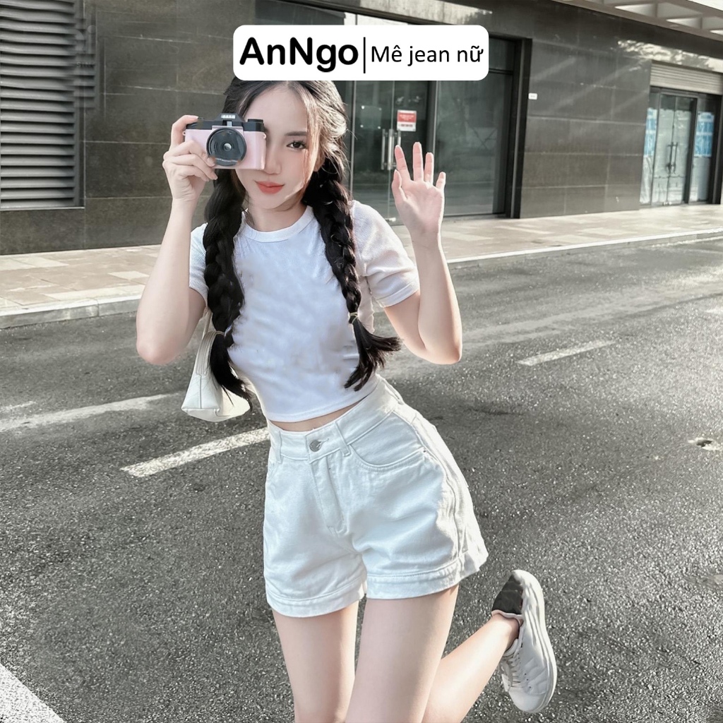 (Có big size) Quần short jean nữ lưng cao ống rộng, chất vải denim không co giãn cực xinh Anngo - AT346