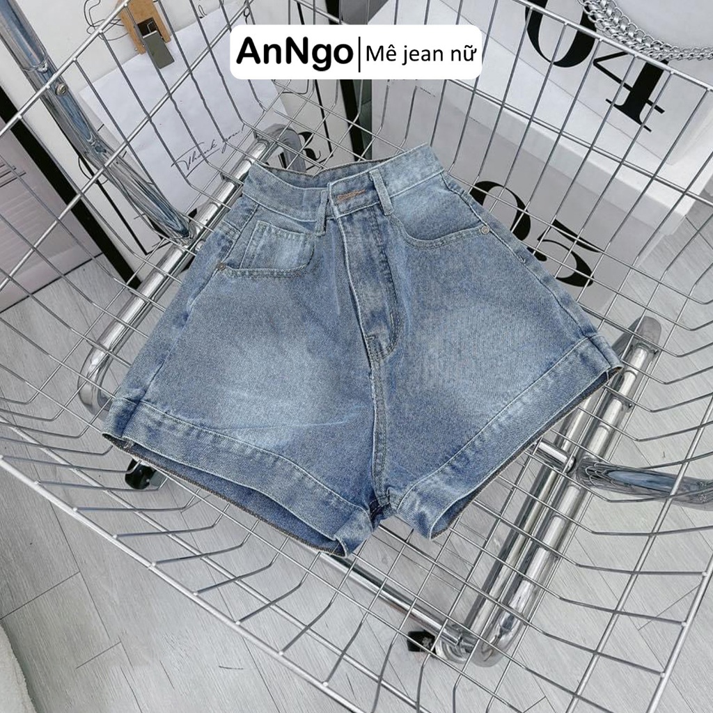 (Có big size) Quần short jean nữ lưng cao ống rộng, chất vải denim không co giãn cực xinh Anngo - AT346