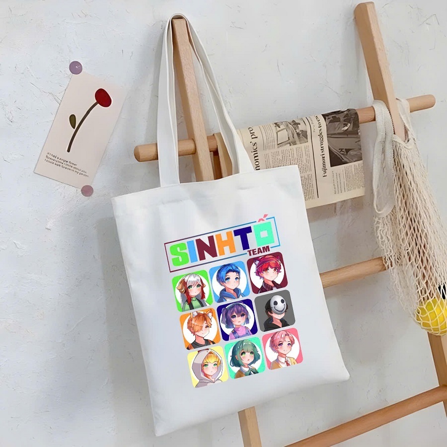 Túi tote có khóa SINH TỐ TEAM full nhân vật Aby,Hachi Tv,Huy Noob,Oops Hiha,Nabee TV,Yummie vải canvas 35x40cm tota0307