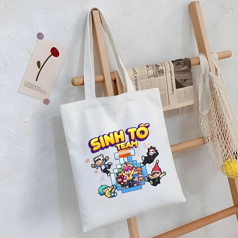Túi tote có khóa SINH TỐ TEAM full nhân vật Aby,Hachi Tv,Huy Noob,Oops Hiha,Nabee TV,Yummie vải canvas 35x40cm tota0307