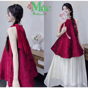 Set váy dài, mặc Tết cách tân, set áo yếm gấm hoa kèm chân váy voan tơ 2 lớp dài