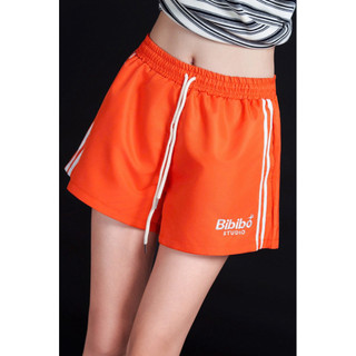 Quần short thể thao nữ BIBIBO cam phối sọc trắng – quần đùi nữ dây rút năng động, mặc đi chơi/tập gym