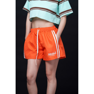 Quần short thể thao nữ BIBIBO cam phối sọc trắng – quần đùi nữ dây rút năng động, mặc đi chơi/tập gym