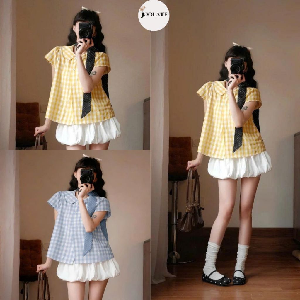 Set Áo Babydoll Kẻ Caro Tay Phồng Joolate  Mix Chân Váy Bí – Set Đồ Nữ Dễ Thương Hàn Quốc Mùa Hè 1211